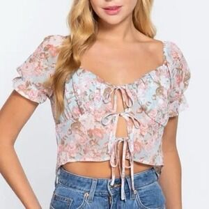 Active USA Sheer Floral Chiffon Tie Front Crop Blouse Blue Pink 1XL Puff Sleeve